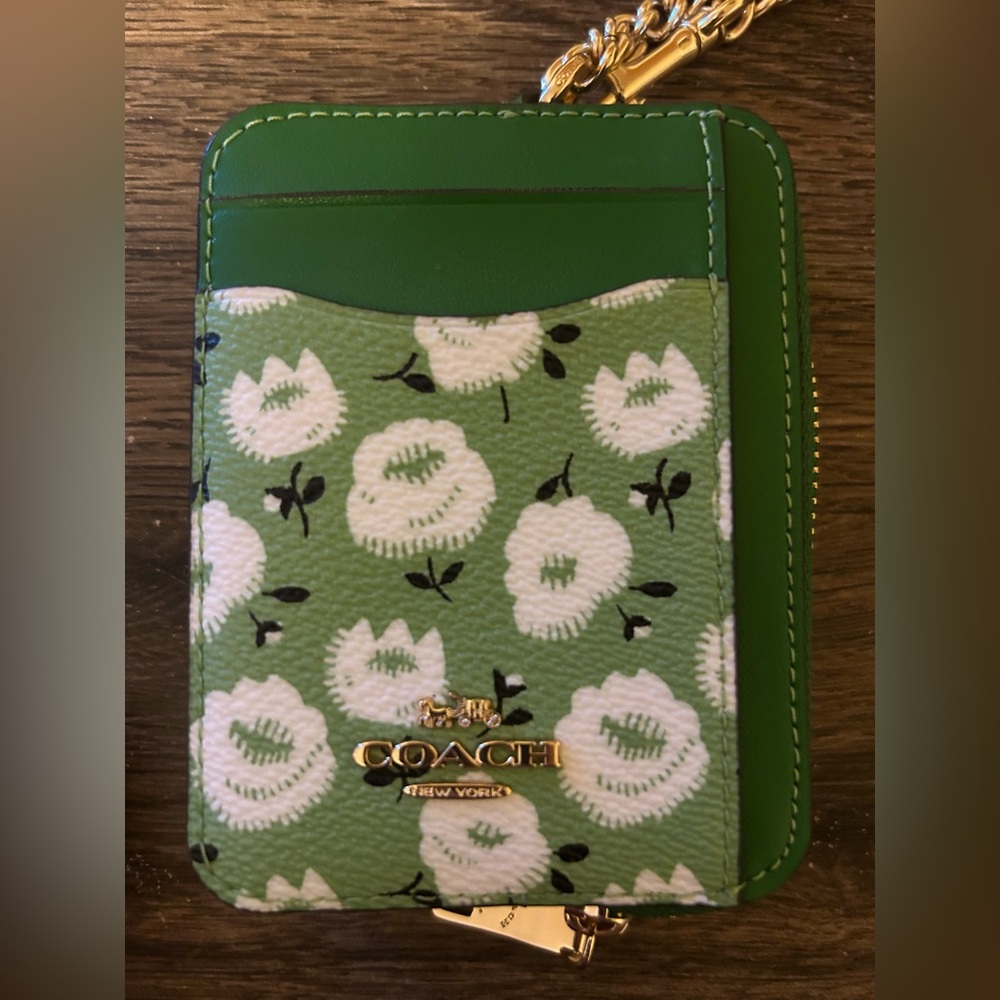 Coach Kelly Green Floral Small Zip ID Card Case Wallet with Gold Wristlet Chain